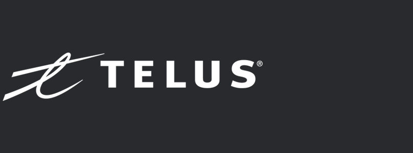 White TELUS logo on black background, linking to website