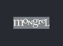 Mongrel logo on black background, linking to website