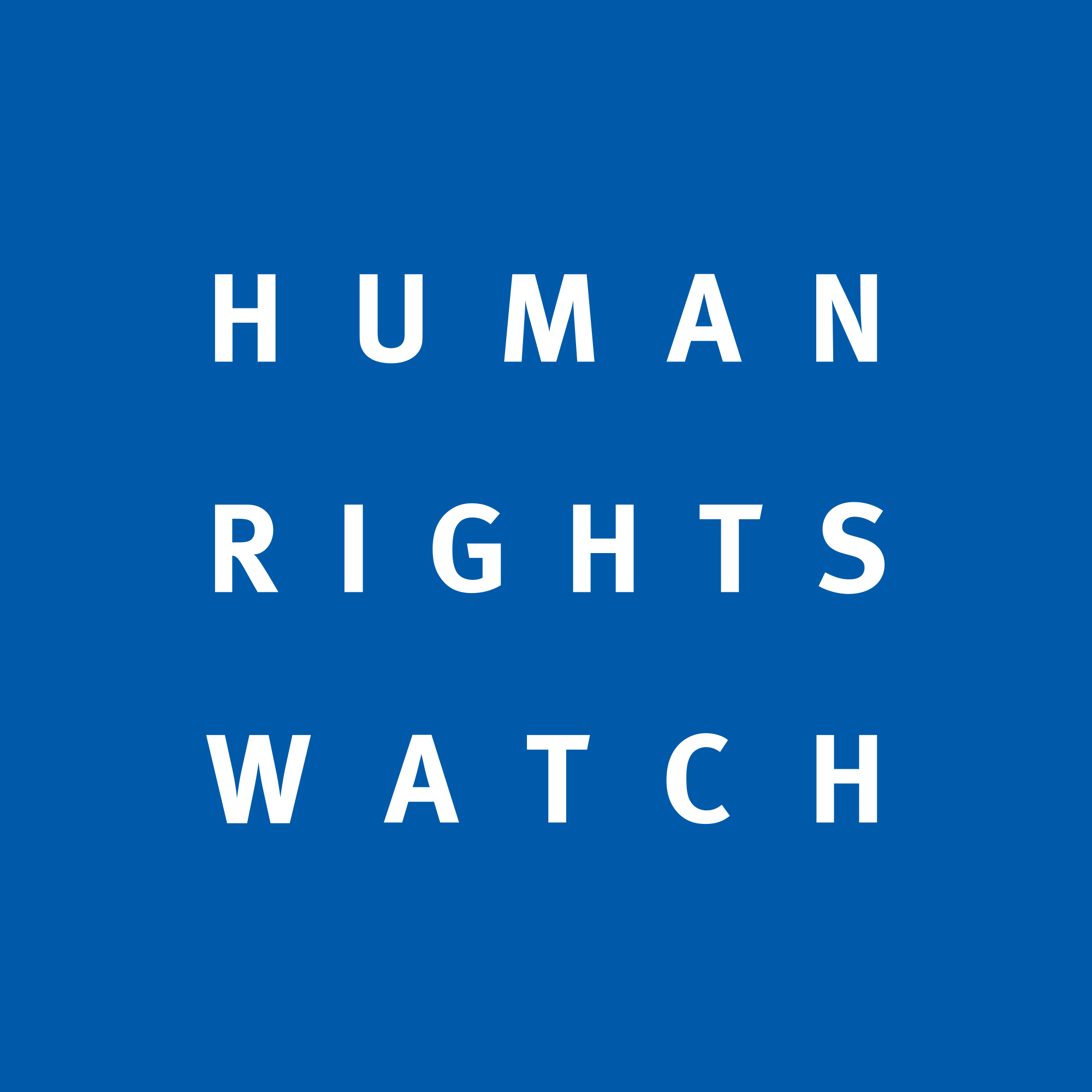 White Human Rights Watch logo on blue background, linking to website