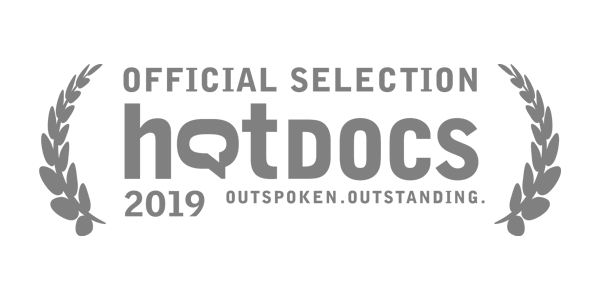 White HotDocs 2019 Official Selection logo on black background