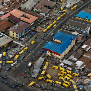 Mushin Market Intersection, Lagos, Nigeria 2016. A detail crop of one of Edward Burtynsky's photographs, from The Anthropocene Project