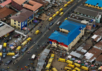 Mushin Market Intersection, Lagos, Nigeria 2016. A detail crop of one of Edward Burtynsky's photographs, from The Anthropocene Project